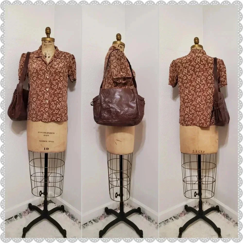 Francesco Biasia | Floral Woven Brown Genuine Leather Hobo Bag